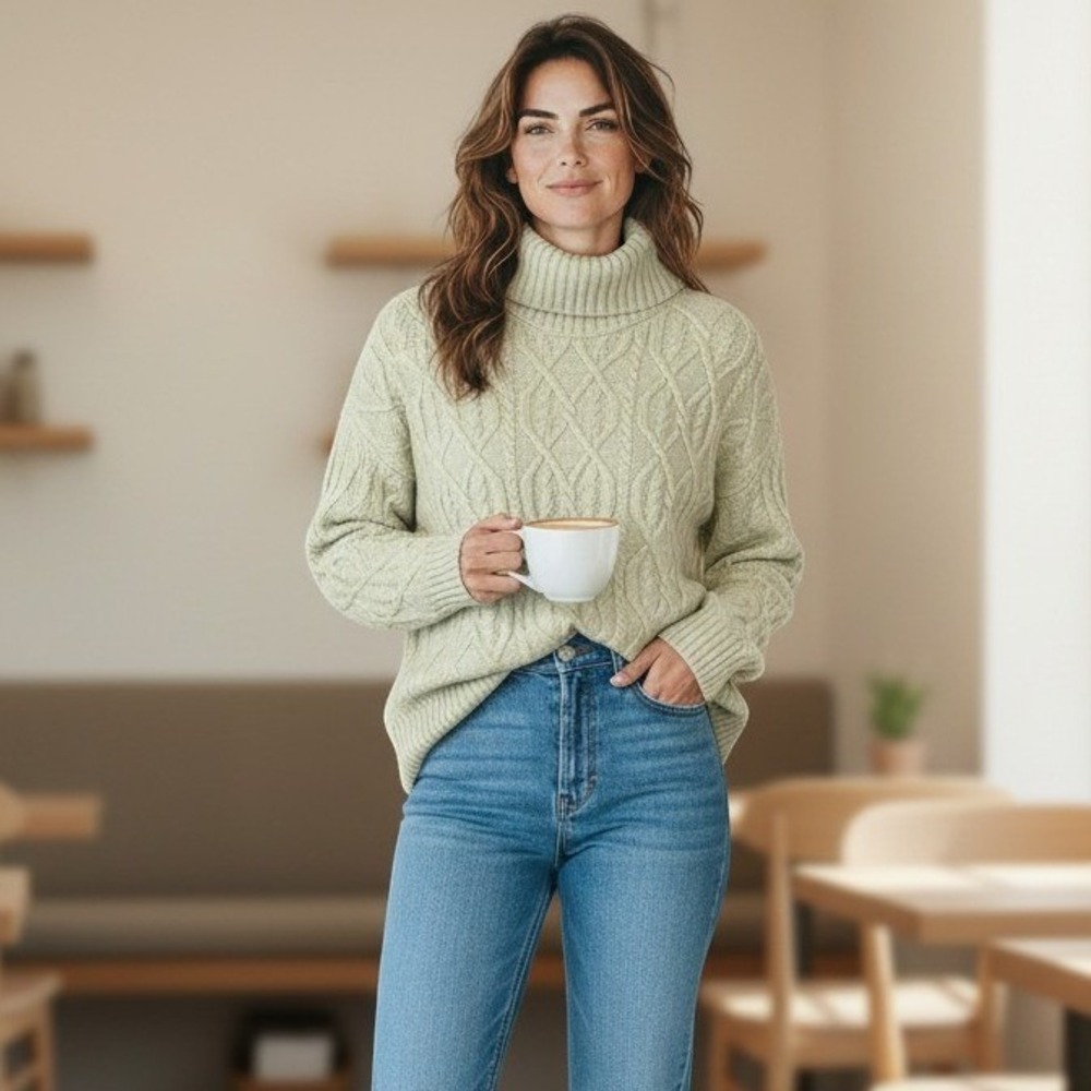 Anthropologie Calligraphe Sweater Women Large Green Cable Knit Turtleneck